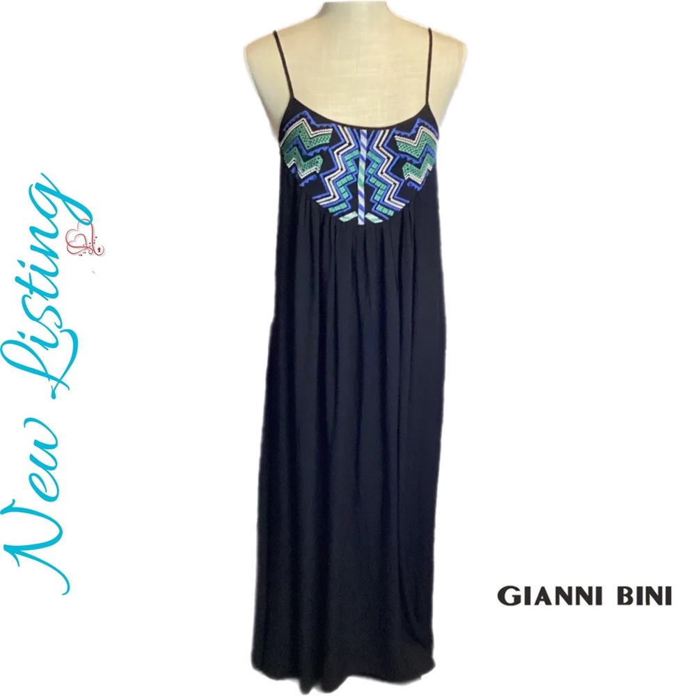 Gianni Bini Women’s XS Black Multicolor Embroidered Maxi Slip Dress summer dress